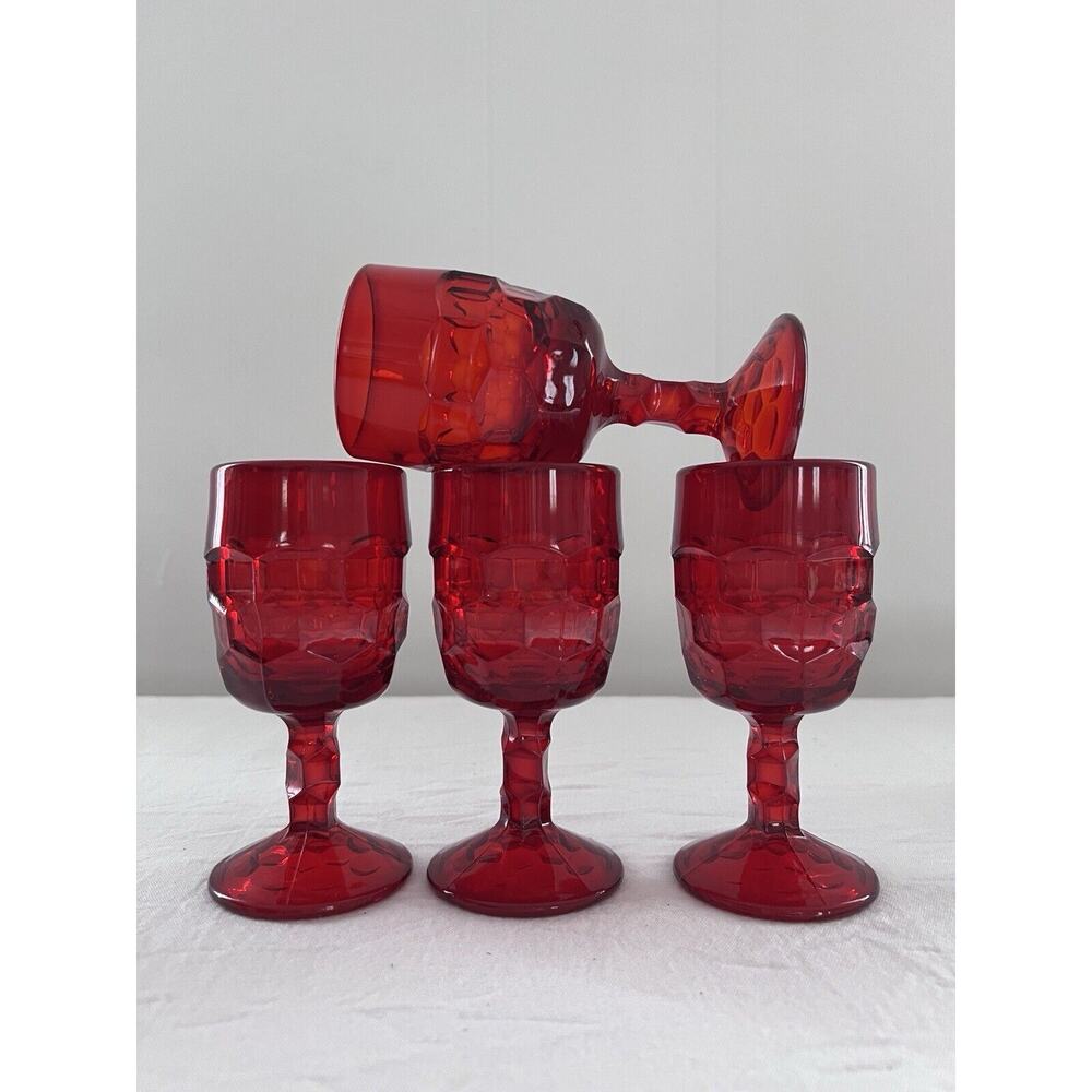 Set Of Four (4) Ruby Red Wine Glasses, 5 1/4"